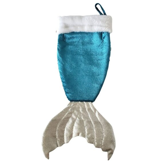 New Mermaid Tail Christmas Stocking Aqua Silver Sparkles Reversible Sequins Fur - Picture 3 of 4